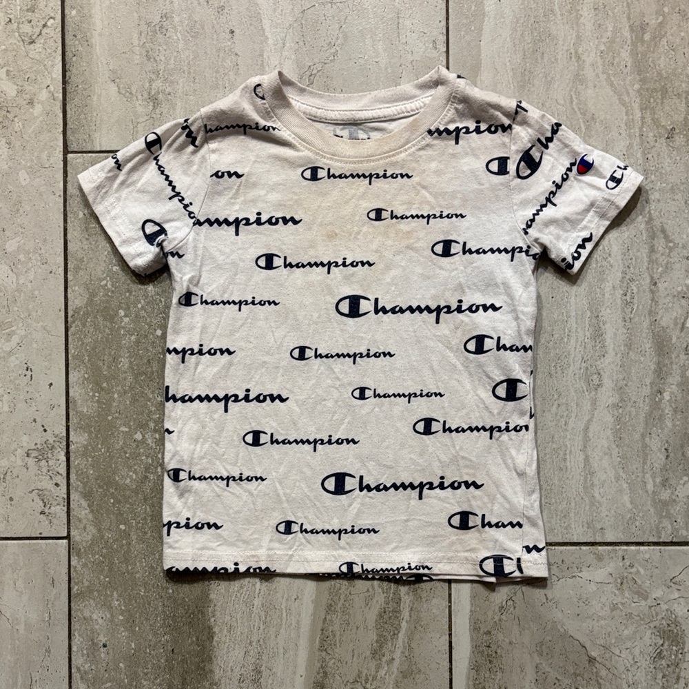 Champion White Tee with Navy All-Over Logo